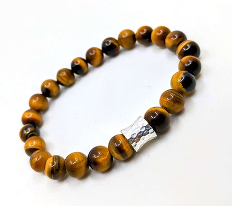 Yellow/Brown Tiger Eye Stacking Bracelet, wear on its own or as a bracelet stack with another Faer & Haas gemstone bracelet. 925 Sterling Silver signature hammered bead. Free delivery to the UK