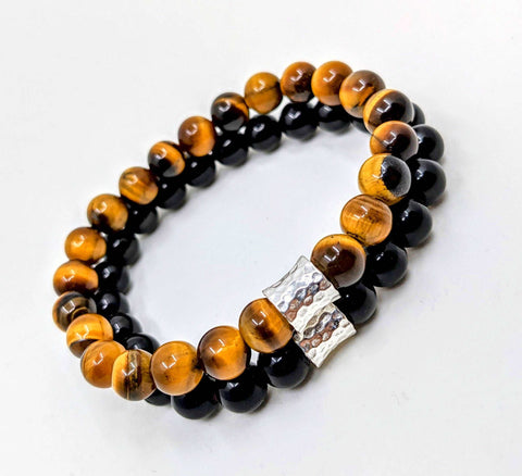 Obisidian and Yellow Tiger Eye Bracelet Stack. Two bracelets made to pair together. 925 Sterling Silver Signature bead. Free deliver to the UK
